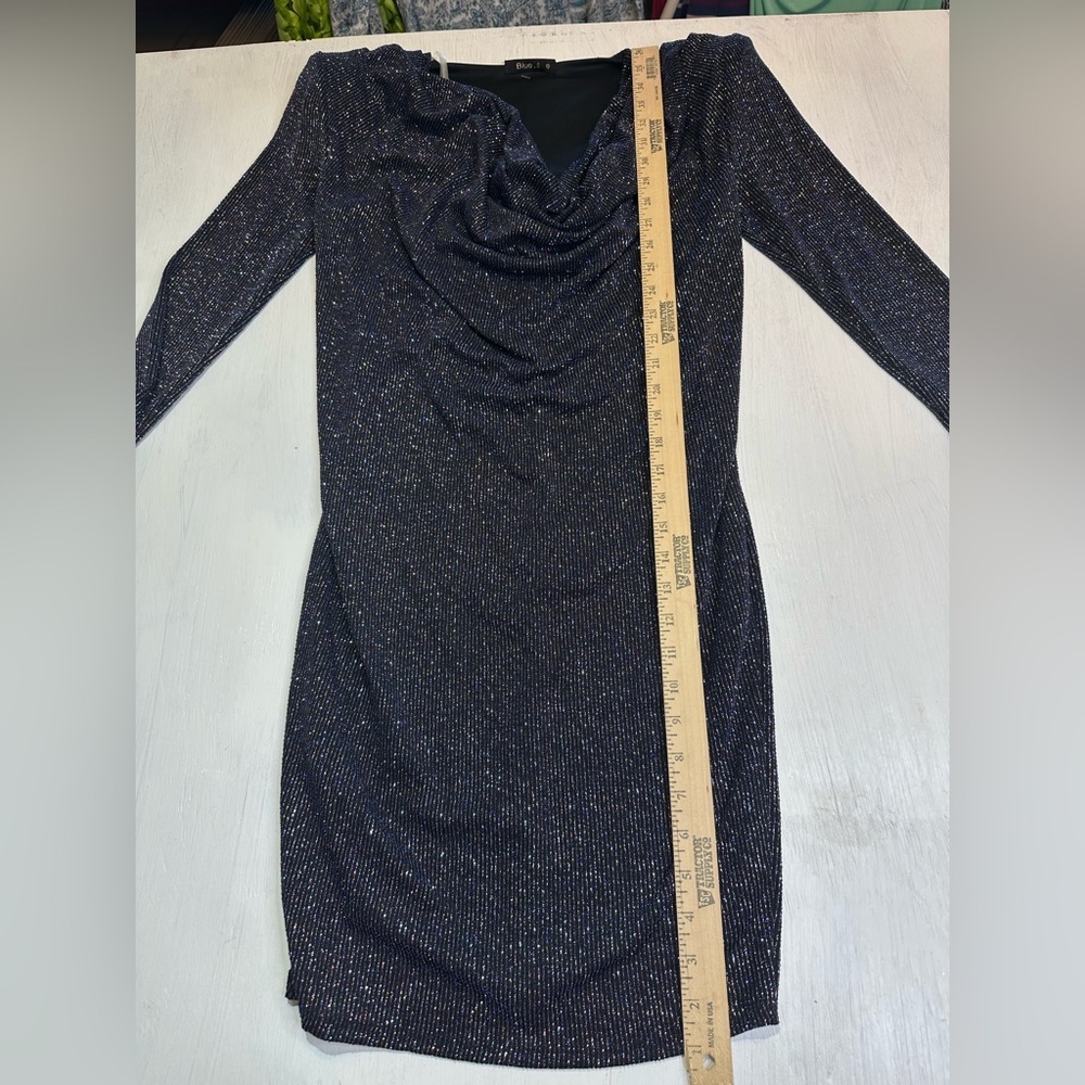 Y2K Navy Metallic Bodycon Dress Cowl Neck Night Out Glam Size S Made In USA - Picture 5 of 10